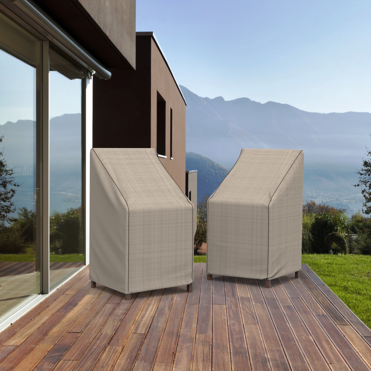 Budge English Garden Patio Stack Chairs & Barstool Cover, Waterproof & UV-Resistant Outdoor Furniture Cover, Fits Stacked Chairs up to 28" W x 27" D x 49" H, Tan Tweed - Image 8