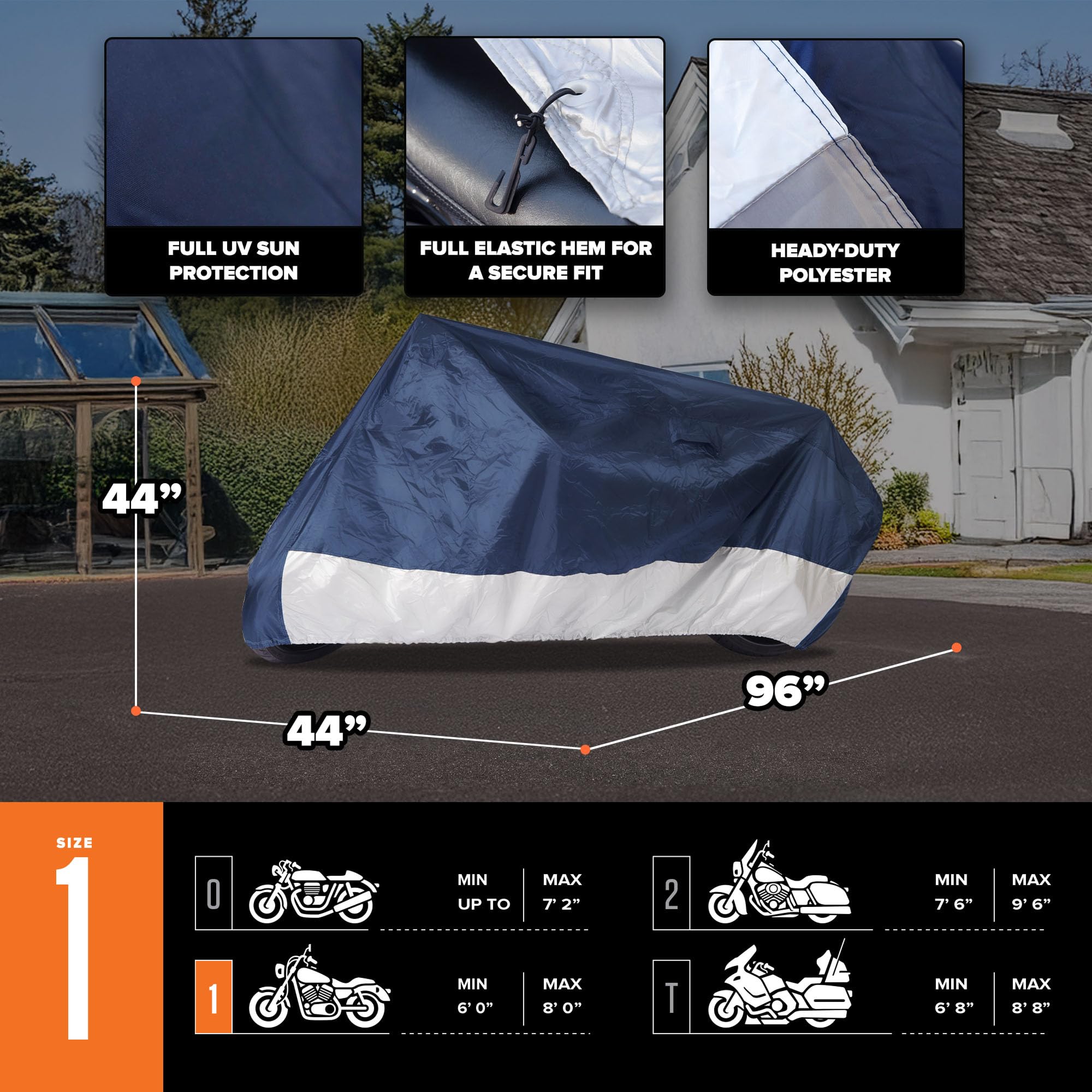 Budge Lite Motorcycle Cover, Water-Resistant UV Protection, Universal Fit, Fits Motorcycles up to 96 Inches, Navy/White, Medium - Image 4
