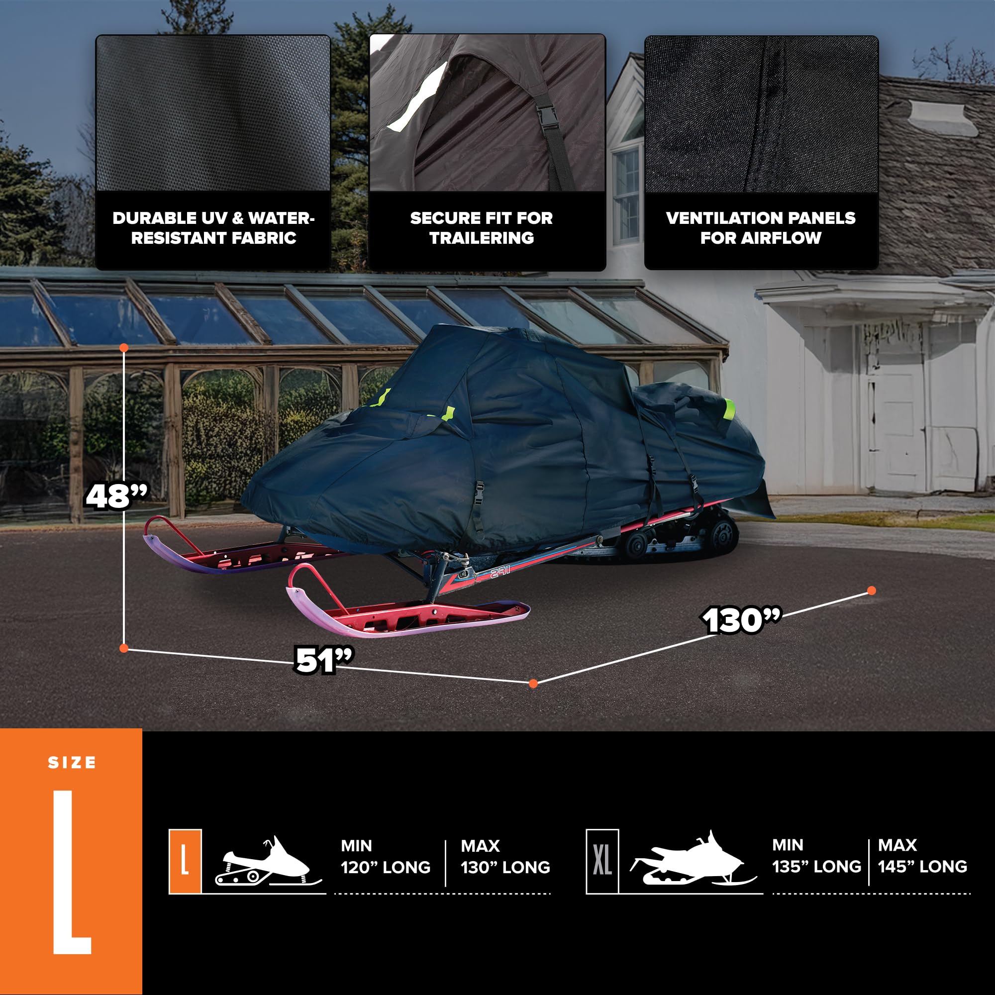 Budge Sportsman Trailerable Snowmobile Cover, Heavy-Duty Waterproof Polyester, Fits Snowmobiles up to 115" L x 51" W x 48" H, Black - Image 3