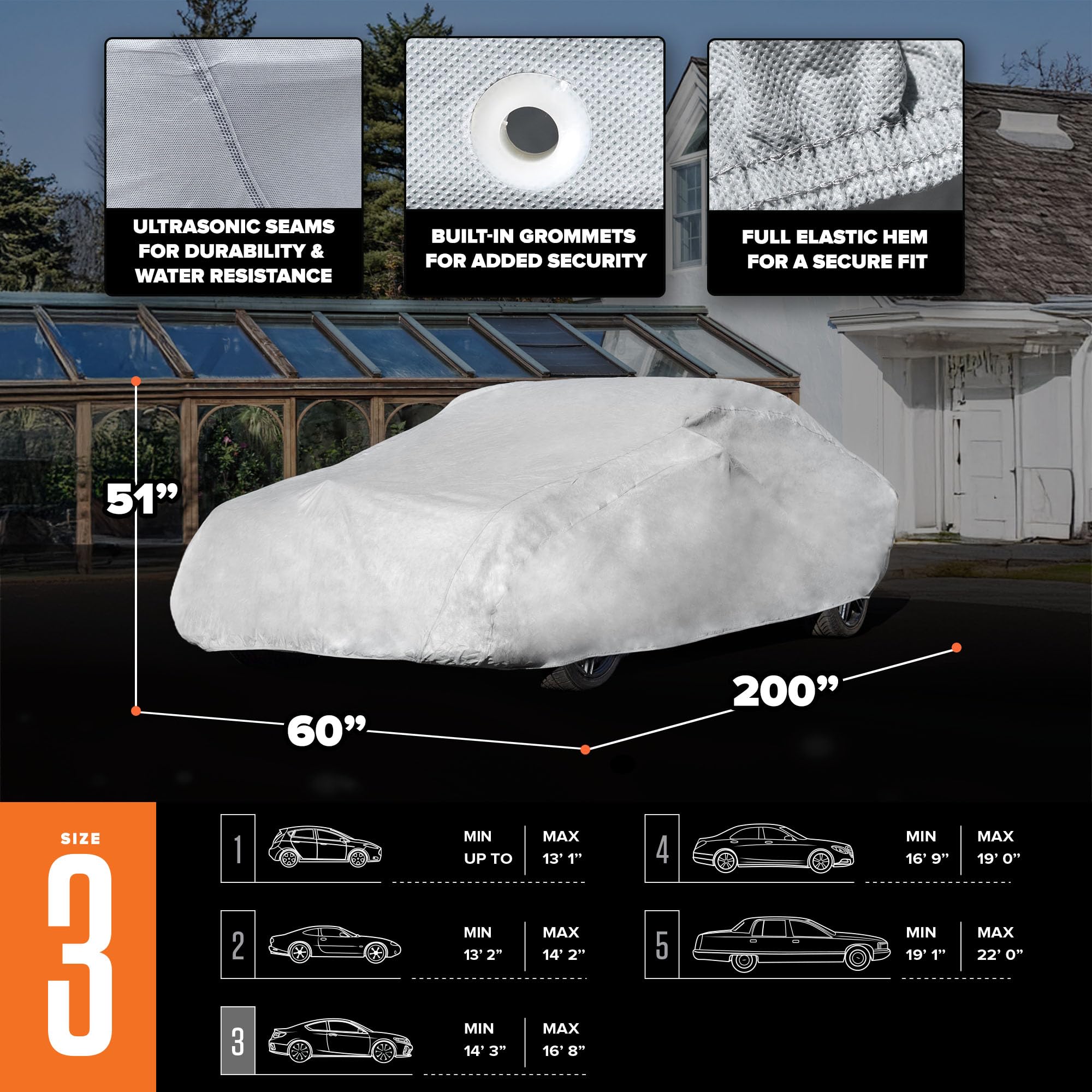 Budge Ultra Duro Car Cover, 3-Layer UV & Water Resistant Outdoor Protection, Fits Cars up to 200”, Gray, Size D-3 - Image 4